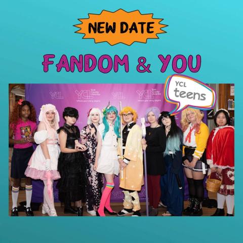 a group of teens dressed in cosplay. image used for the fandom and you event graphic