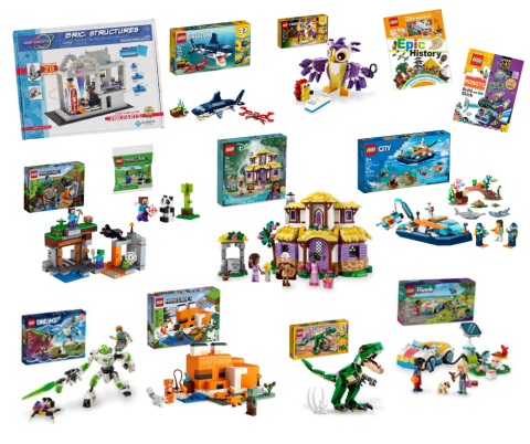 A photo display of a number of brick building sets, representing the items being raffled off.