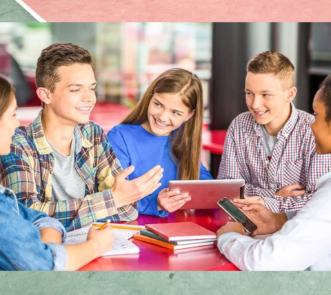 Photo of a group of tweens laughing and talking in a group