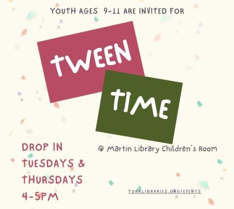 tween time rectangles on a dotted background with time and dates to meet at martin library