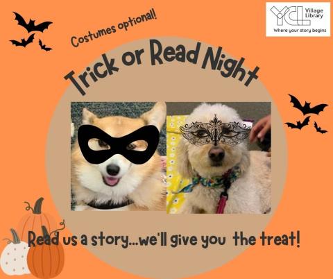 Dogs with masks promoting Trick or Read Library Tales for Tails Event.