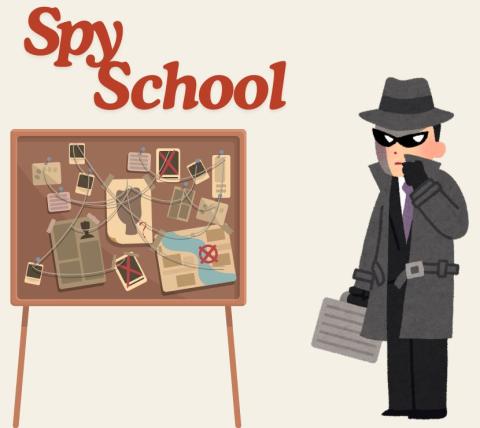 spy stand beside a clue easel with title spy school