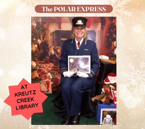 Photo of Beth Rebert, storyteller, wearing a train conductor uniform and holding the book "The Polar Express"