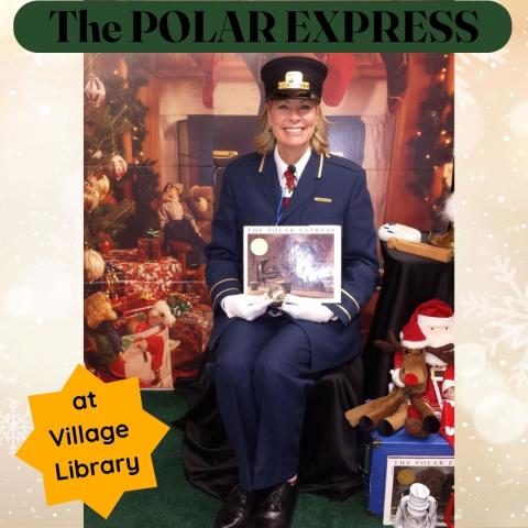 An image of a storyteller dressed like the conductor in the Polar Express story.