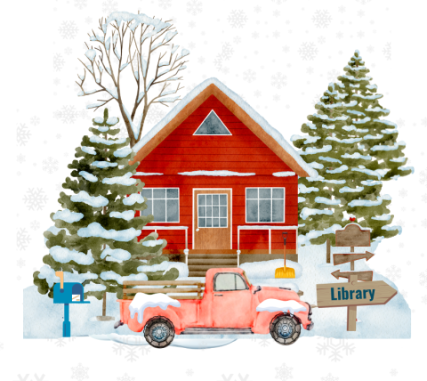 Rural home with landscape of evergreens and snow with a truck parked in front and a sign showing the direction to the library.