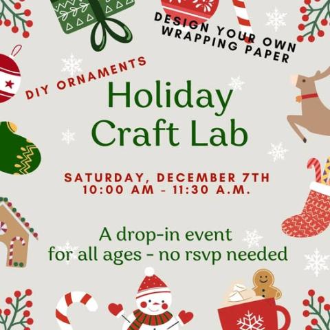 graphic of holiday craft lab featuring ornaments and gift wrap paper