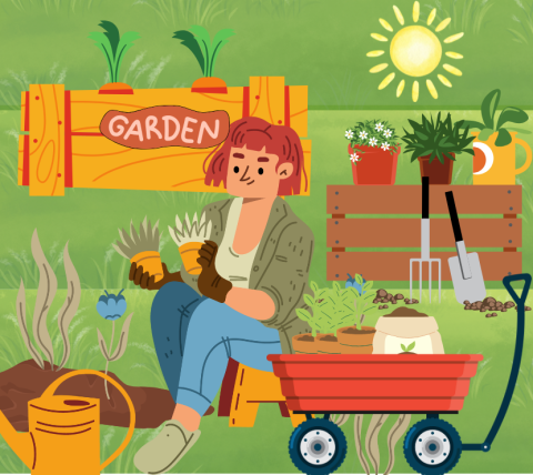 Woman sitting on a small bench working in garden with a wagon filled with plants and potting soil.  Raised garden bed in background.