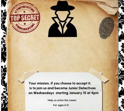 detective invitation on parchment paper, with spy image on top and confidential stamp