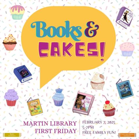 Event poster with images of cupcakes and African American picture books