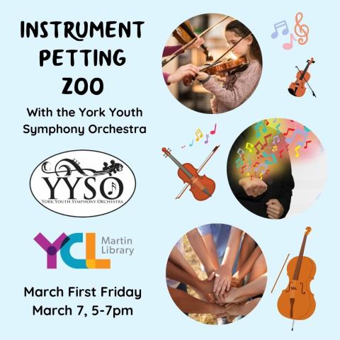 Event poster with images of children trying out violines