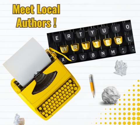 Graphic of a yellow typewriter, a keyboard with the letters WRITER highlighted, crumbled balls of paper and the test Meet Local Authors!