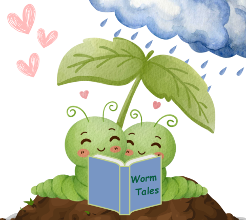 2 little worms laying under a plant sprout reading a book entitled "Worm Tales"