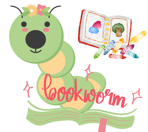 Green worm sitting on a book with the text "bookworm".  In the upper right hand corner is a coloring book with crayons.