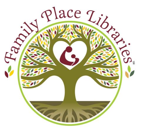 Family Place Libraries Logo of green tree with multicolor leaves and red parent & child image in a circle