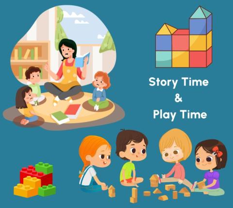 teal background with image of teach sitting on a carpet reading to children, children playing with blocks and colorful blocks