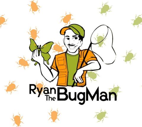 Ryan Bridge bugman logo with yellow and green bugs in background