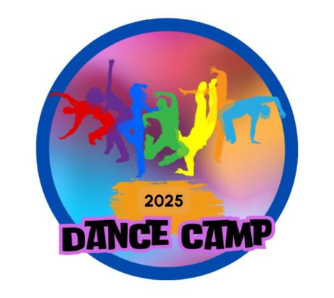 circular logo of colorful hip hop dancer shadows on a tie dye background with the words 2025 dance camp