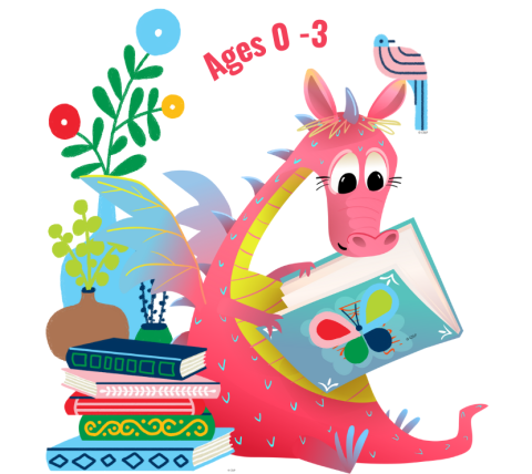 Colorful dragon reading a picture book