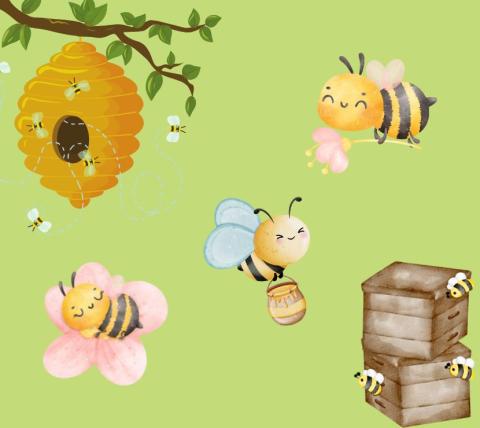 beehive, 3 bees and bees boxes on a green background