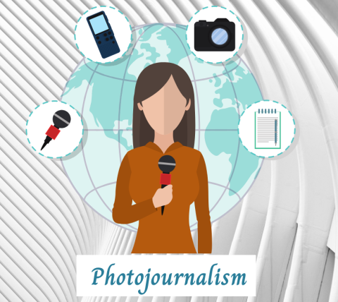 Graphic of a woman with microphone, iphone, camera, and notepad with a background of the world