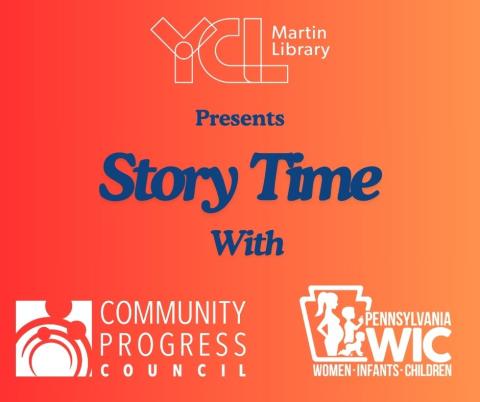martin library logo, CPC logo, WIC logo with story time texton orand and red background