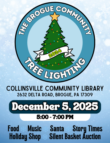 image of green tree with star on top and words Brogue Community Tree Lighting
