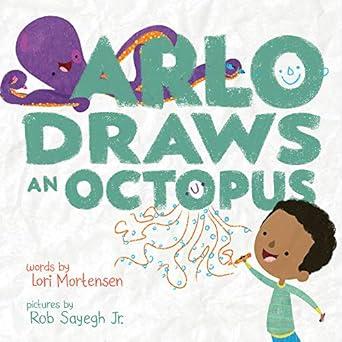 storybook cover with a boy, a crayon, and a purple octopus