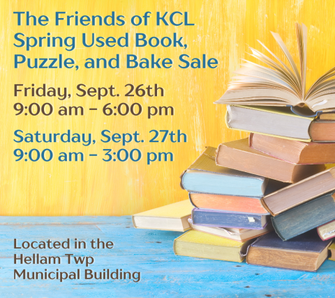 A promotional poster for the fall used book sale with the dates of Friday, Sept. 26th 9 am - 6 pm and Saturday, Sept. 27th 9 am - 3 pm