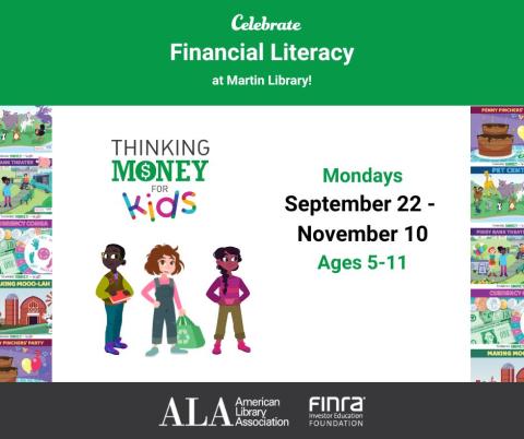 thinking money for kids logo, coloful pictures of the games on the sides, text celebrate financial literacy and date and time of programs