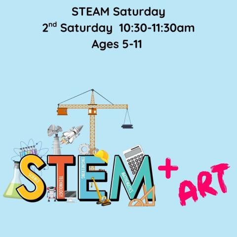 STEM logo in front of crane, beaker, atom, calculator, hard hat, + ART