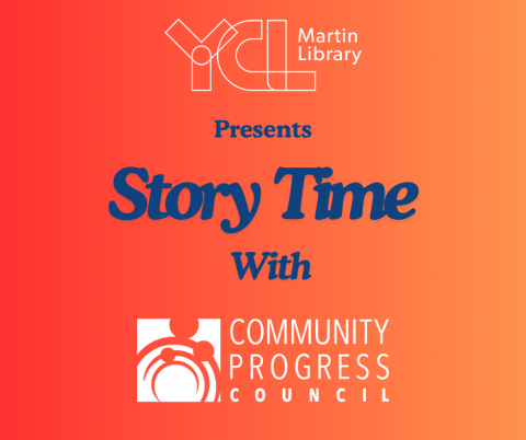 martin library logo and CPC logo with story time text on orange and red background