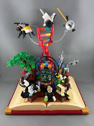 image of an open book with a story bursting out, all made of building blocks