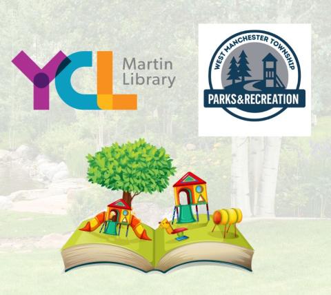 outdoor background with book open to playground scene popping out, YCL and West Manchester township logos