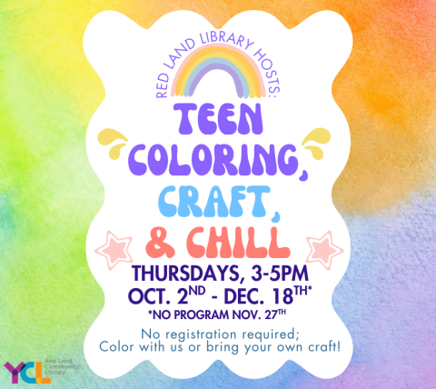Teen Coloring, Craft, and Chill at the Red Land Library, Tuesdays 3-5PM