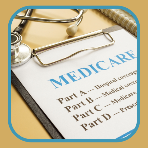 Clipboard with document about Medicare Parts A,B,C, & D