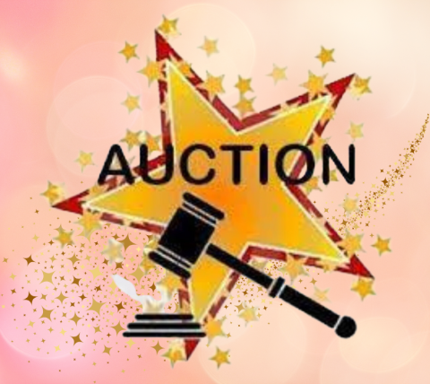 Star with confetti as background with an auction gavel in forefront
