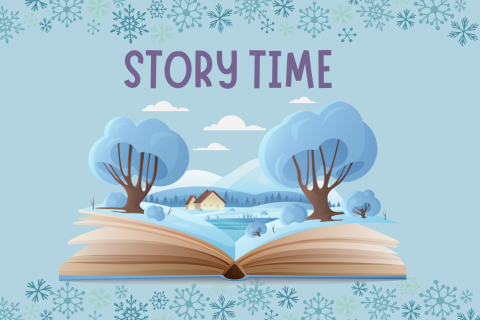 image of trees growing out of a book and words Story Time