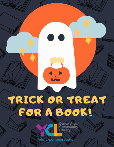 A trick-or-treater dressed as a ghost with the word Trick or Treat for a Book