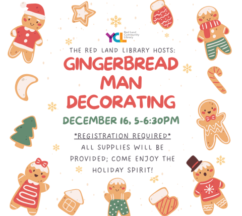 Gingerbread Man Decorating at the Red Land Library, December 16th from 5-6:30PM