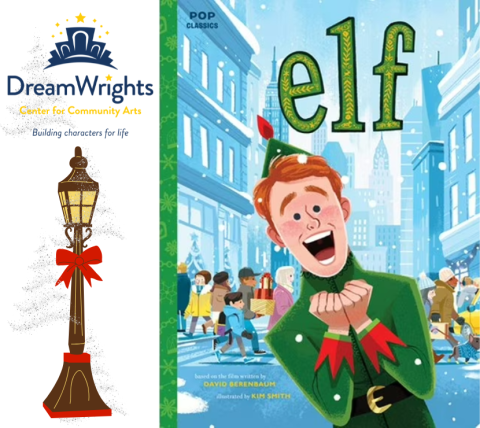 Photo of the book jacket of "Elf".  Added to the photo is the Dream Wright logo and a lamppost with a red holiday bow.