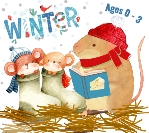 Mama mouse reading to her 2 babies who are ensconced in wooly winter boots.  All are dressed in winter scarves and hats.
