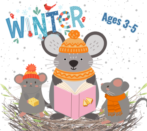 Mama mouse reading a book to her 2 baby mice.  All are dressed in winter hats and scarves.