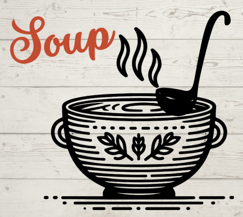 Bowl of soup with a ladle, labeled Soup.