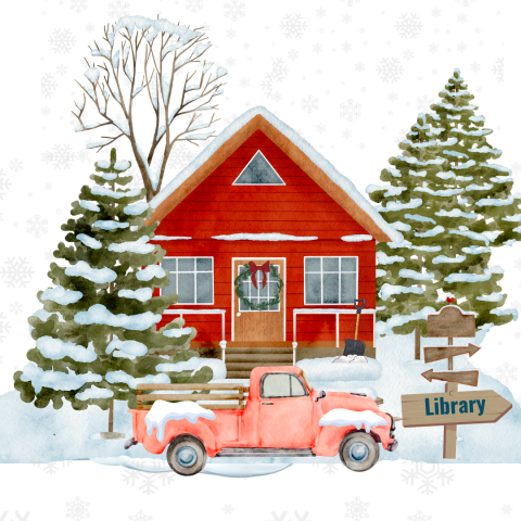 Red cabin in woods with pickup truck covered with snow.  Street post shows direction to the library.