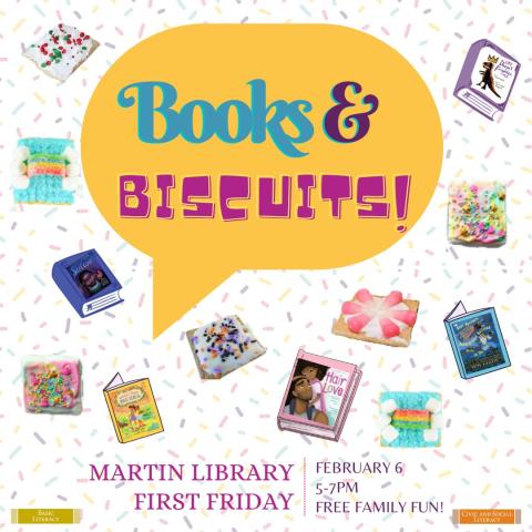 Event poster showing book covers and graham crackers with frosting