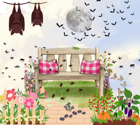 Garden bench surrounded by flowers and vegetables as well as mosquitoes and other insects.  Dusky sky shows the arrival of bats.