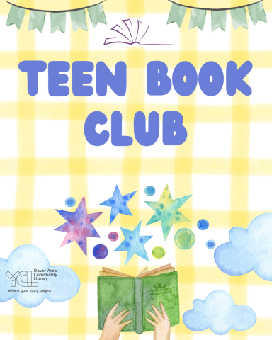 Teen Book Club text above a green book with stars coming out. Dover Area Library logo included.