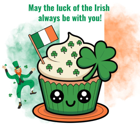 An Irish cupcake with shamrock and Irish flag and a leprechaun