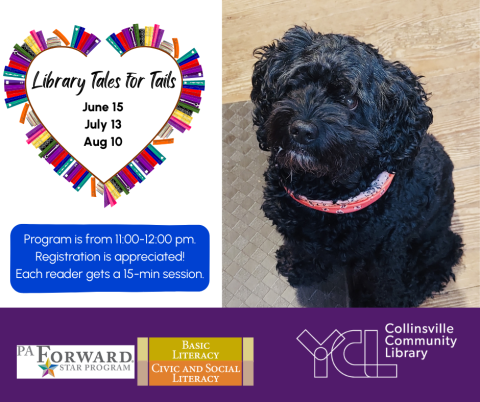 black dog, heart made of books, text about reading to the dog