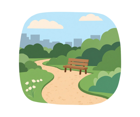 image of path through grass with a bench